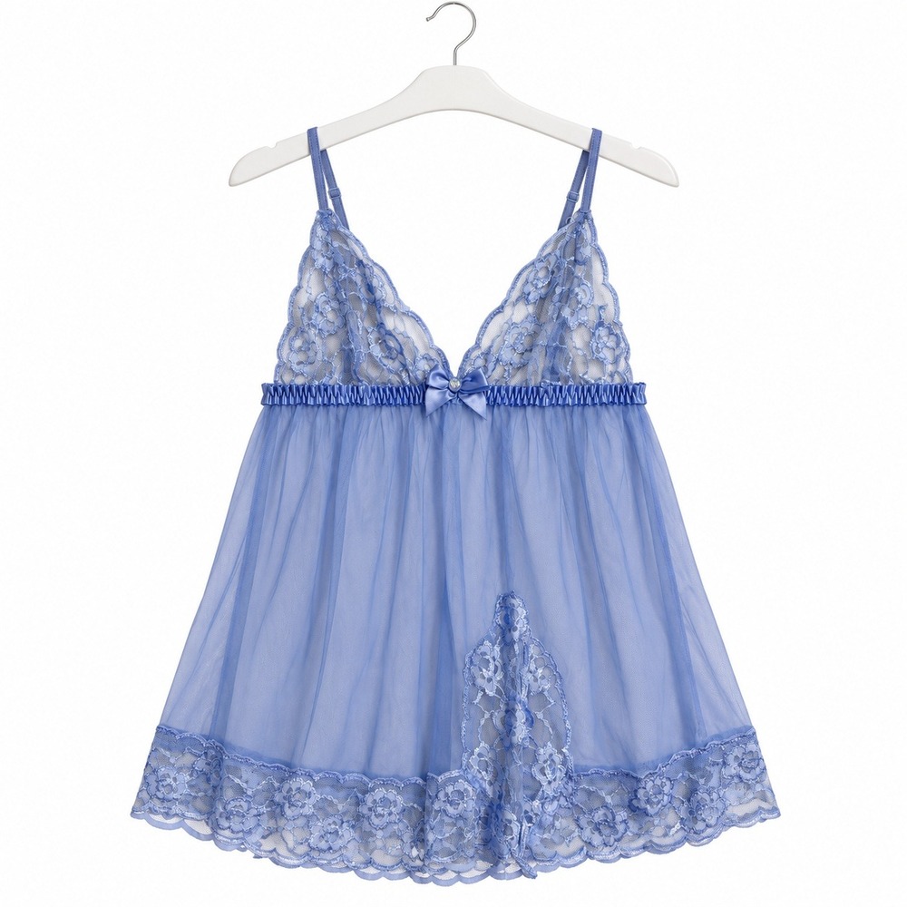 Frederick's of Hollywood Blue Sheer Lace Babydoll Chemise Lingerie M Y2K
